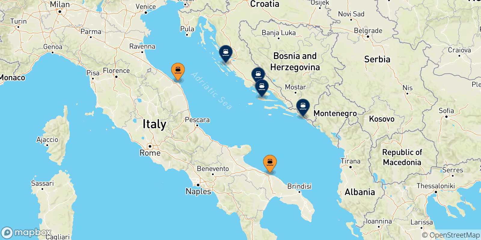 Mappa delle possibili rotte tra l'Italia e la Croazia