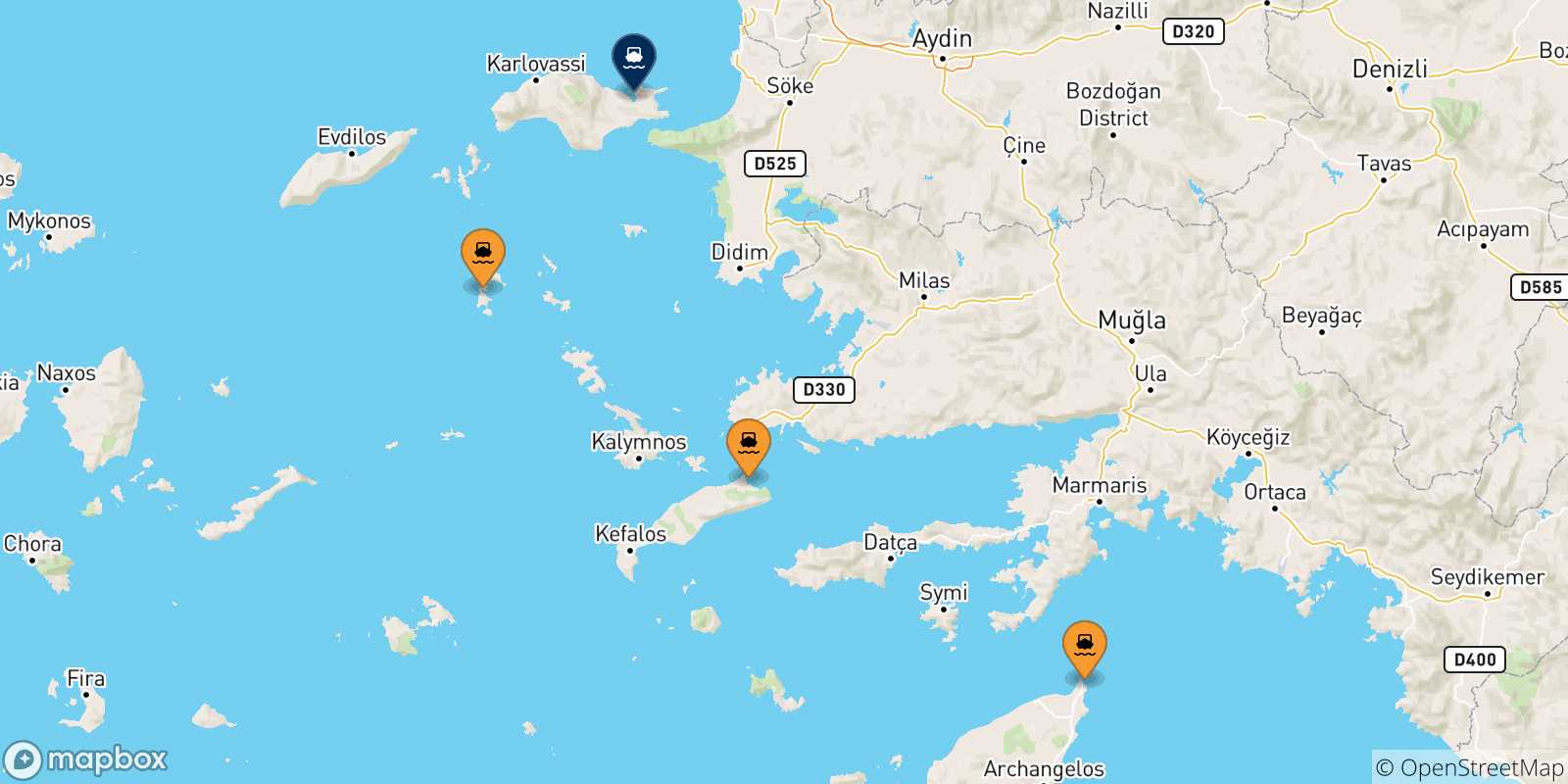 Mappa delle possibili rotte tra le Isole Dodecaneso e Vathi (Samos)