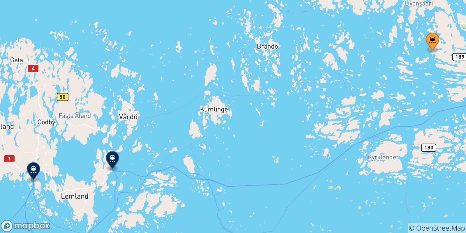 Mappa delle possibili rotte tra Turku e la Finlandia