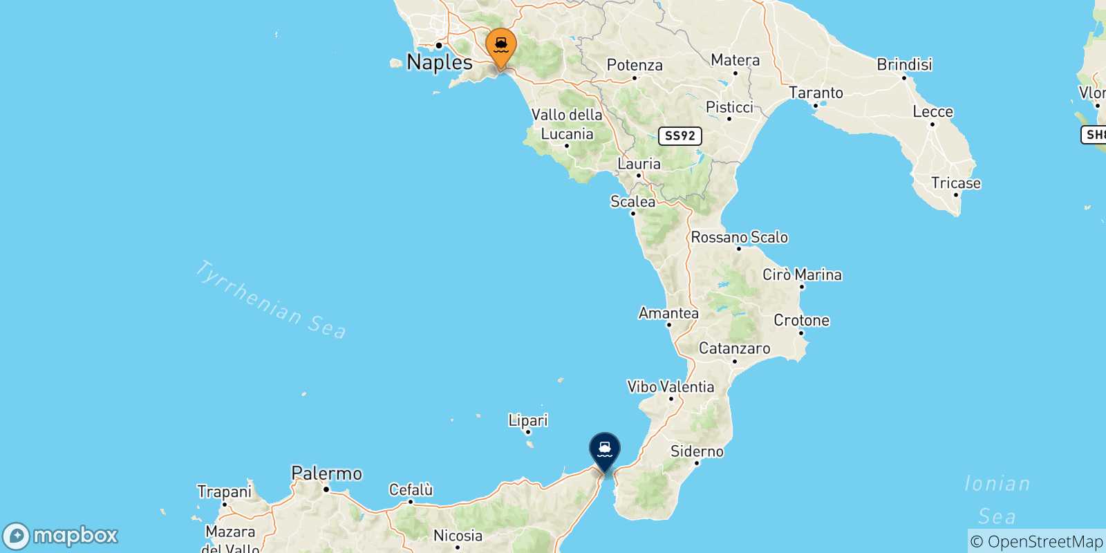 Mappa delle possibili rotte tra l'Italia e Messina