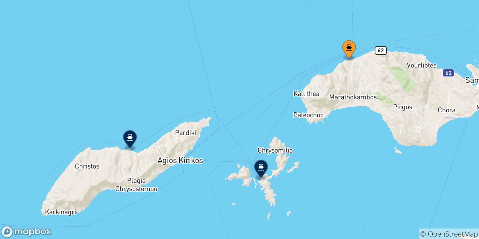 Mappa delle possibili rotte tra Pythagorio (Samos) e le Isole Egeo Nord Orientale