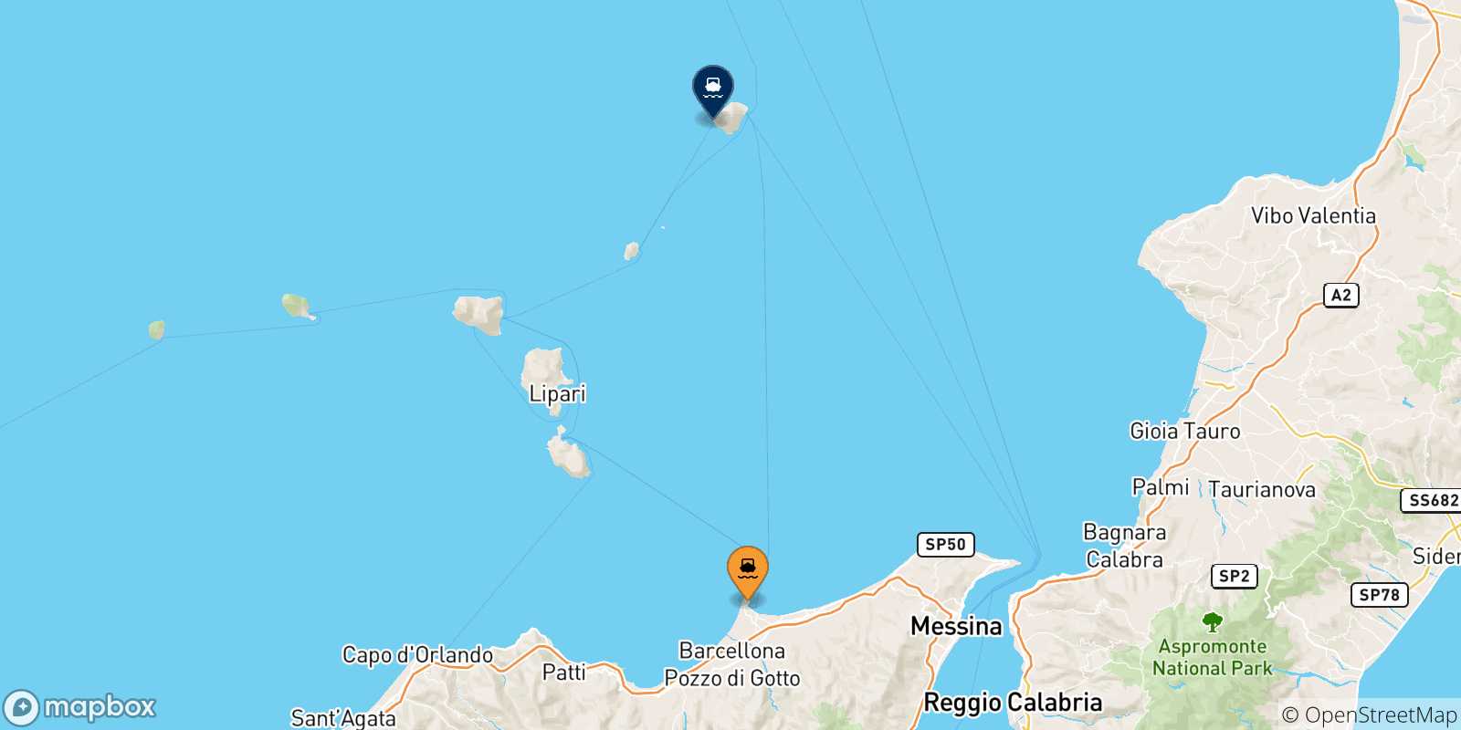 Mappa delle possibili rotte tra la Sicilia e Ginostra (Stromboli)