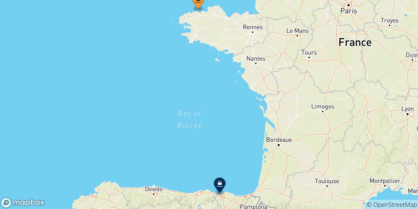 Mappa delle possibili rotte tra la Francia e Bilbao