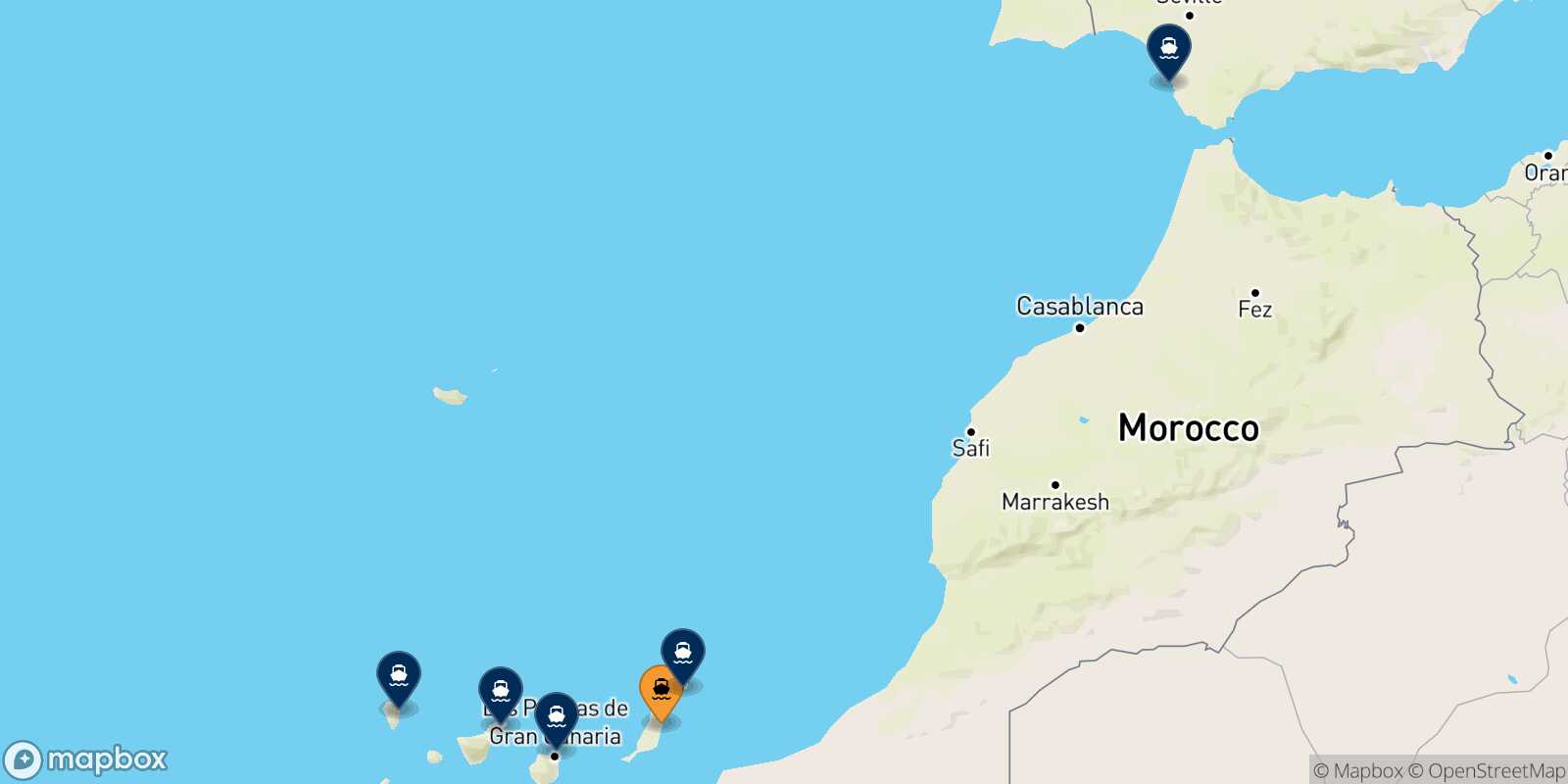 Mappa delle destinazioni raggiungibili da Puerto Del Rosario (Fuerteventura)