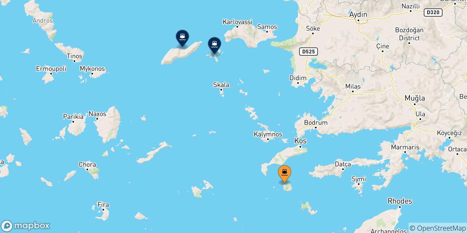 Mappa delle possibili rotte tra Nisyros e le Isole Egeo Nord Orientale