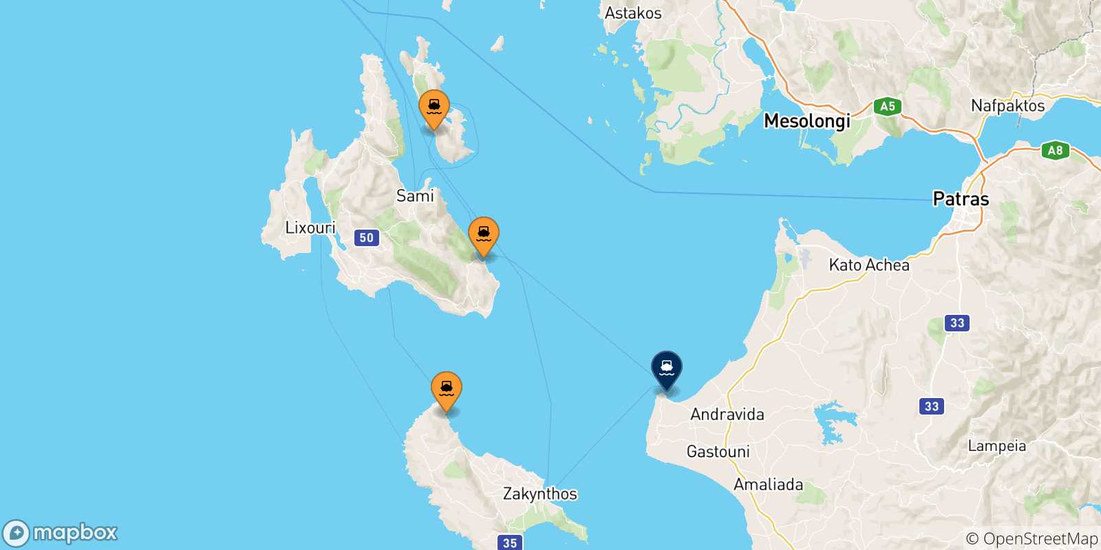 Mappa delle possibili rotte tra le Isole Ionie e Killini