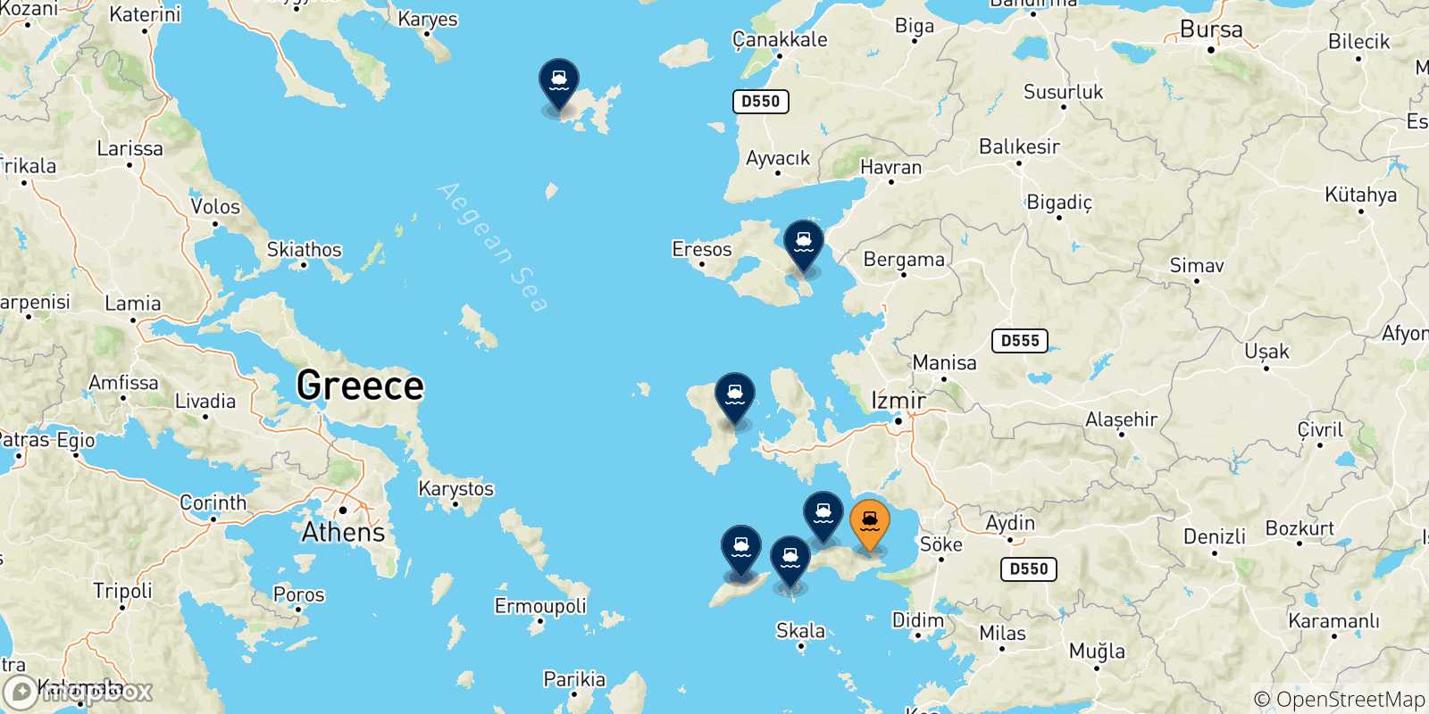 Mappa delle possibili rotte tra Vathi (Samos) e le Isole Egeo Nord Orientale