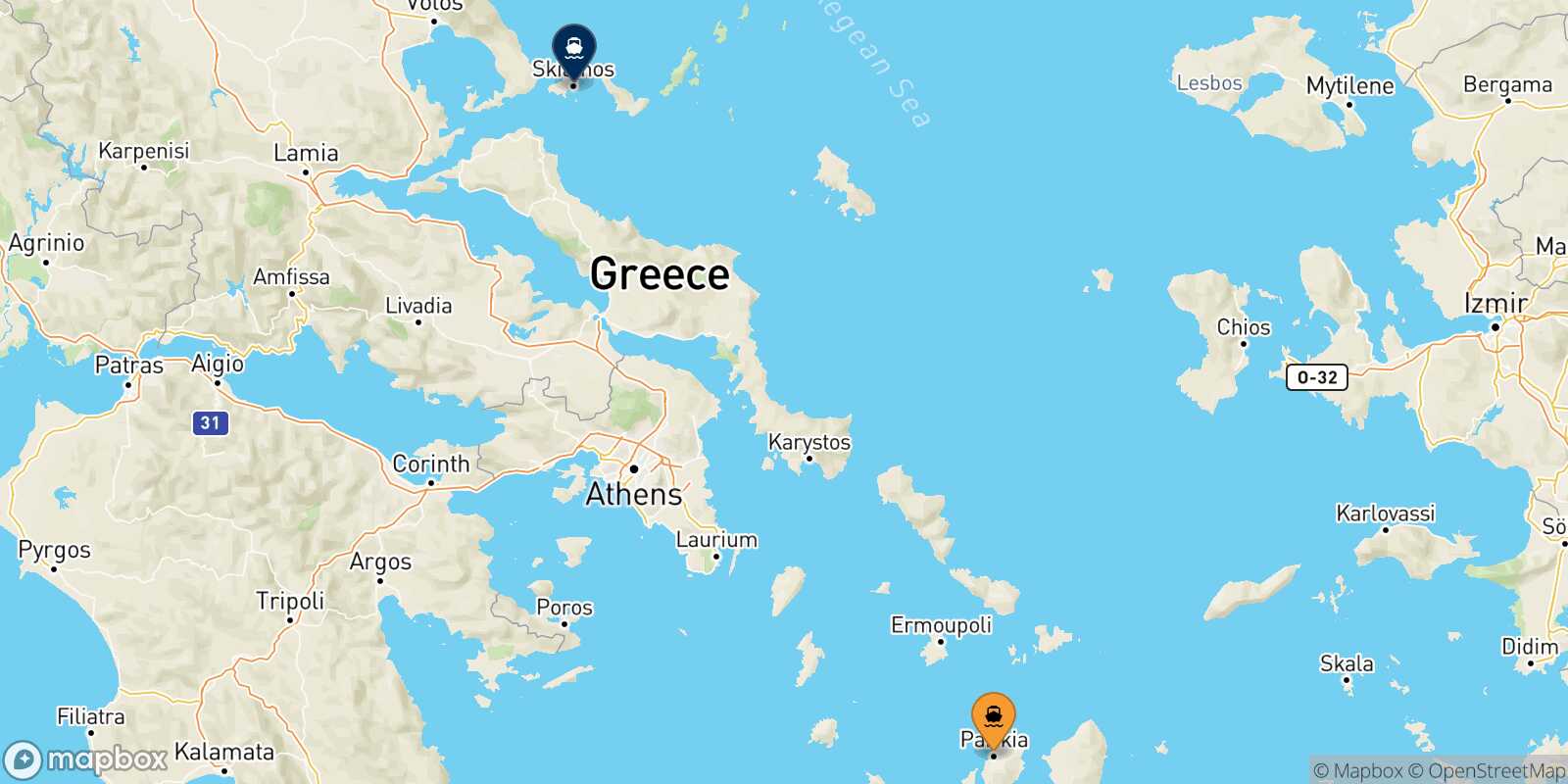 Mappa delle destinazioni raggiungibili da Paros