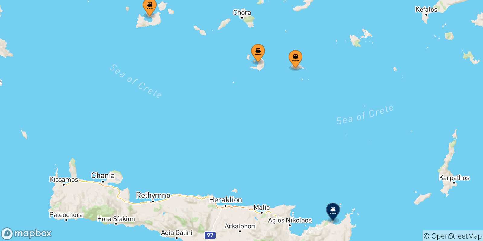 Mappa delle possibili rotte tra le Isole Cicladi e Sitia