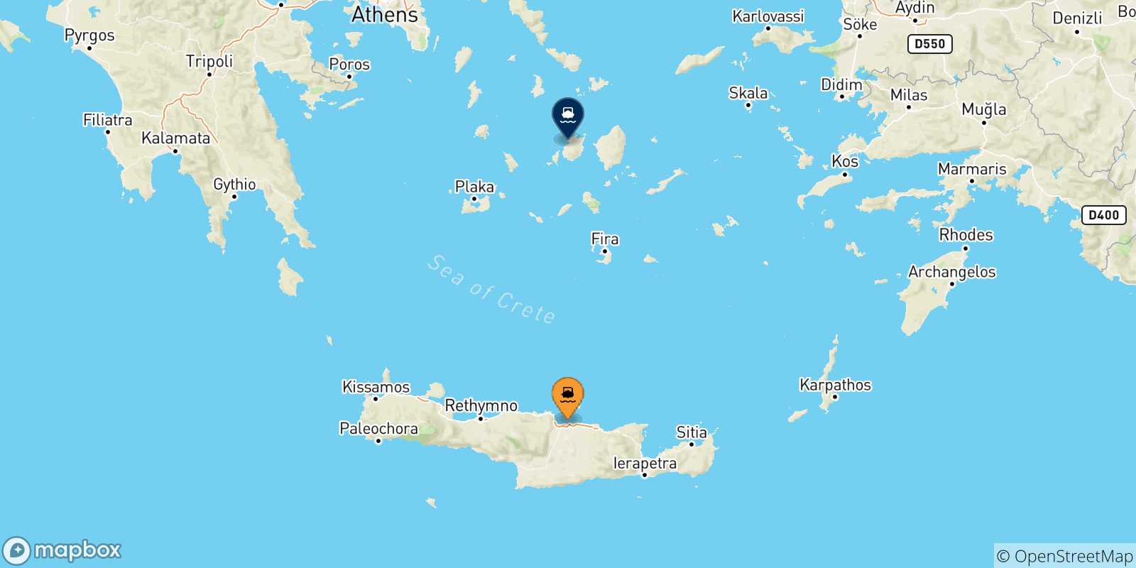 Mappa delle possibili rotte tra Creta e Paros
