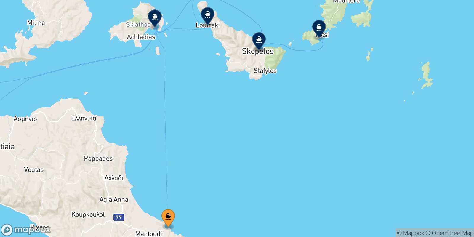 Mappa delle destinazioni raggiungibili da Mantoudi (Evia)