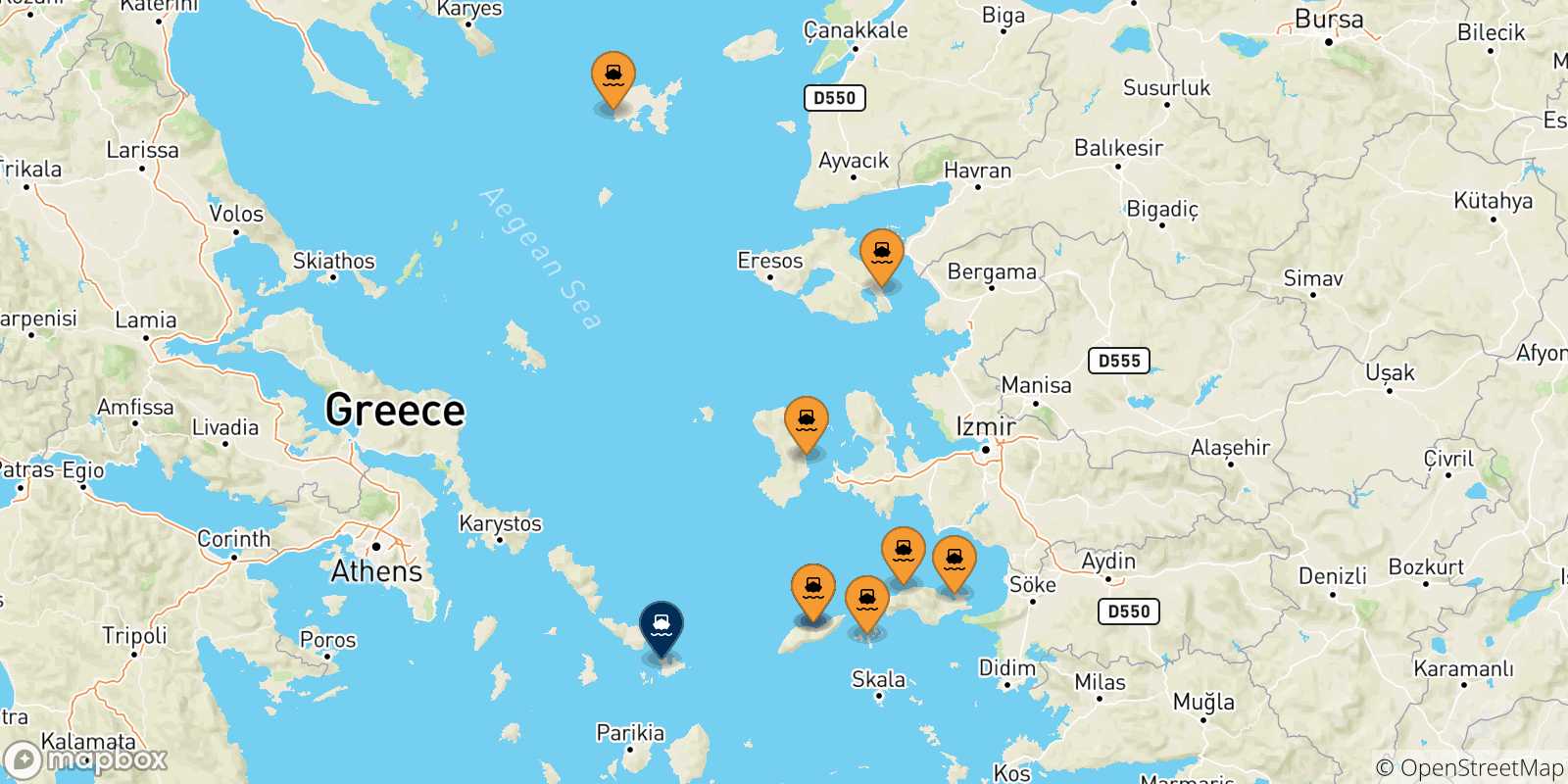 Mappa delle possibili rotte tra le Isole Egeo Nord Orientale e Mykonos