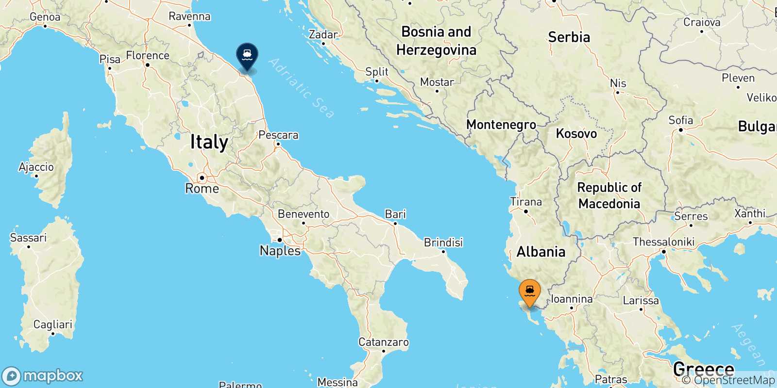 Mappa delle possibili rotte tra le Isole Ionie e Ancona