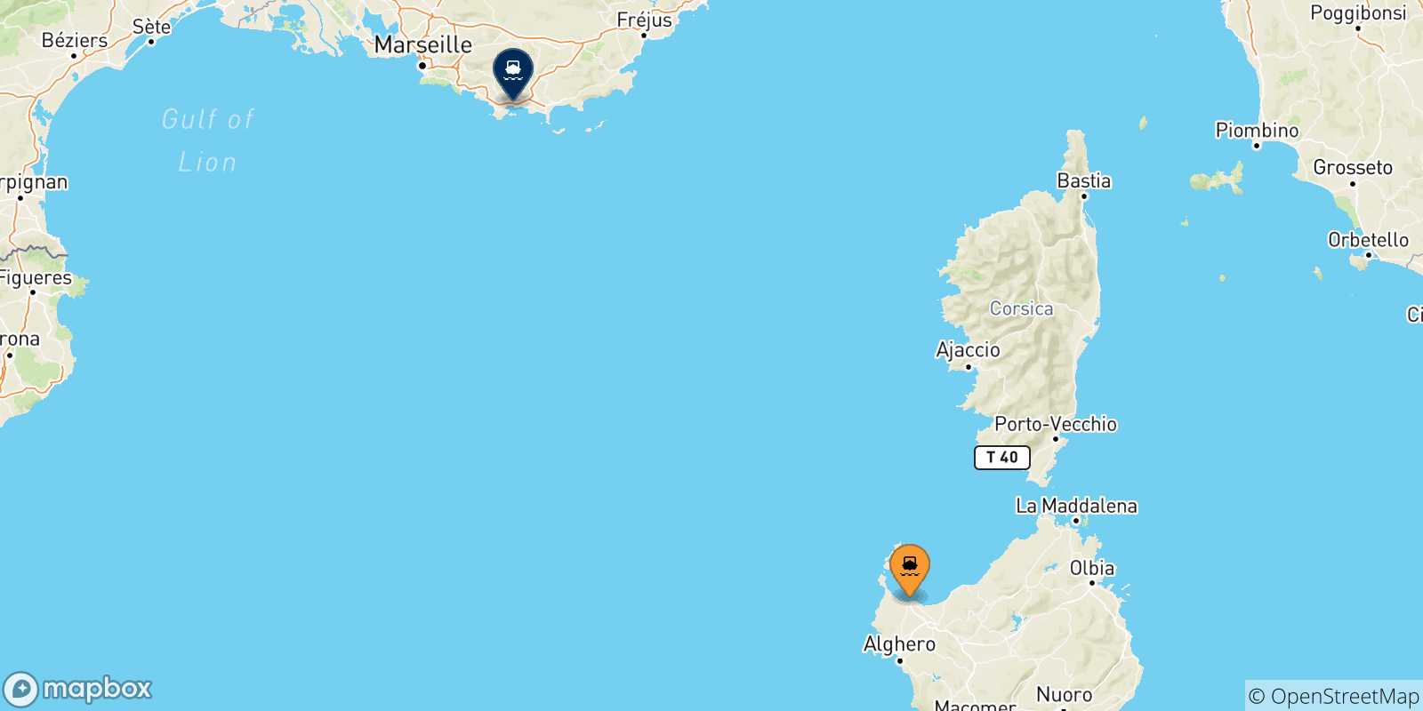 Mappa delle possibili rotte tra la Sardegna e Tolone