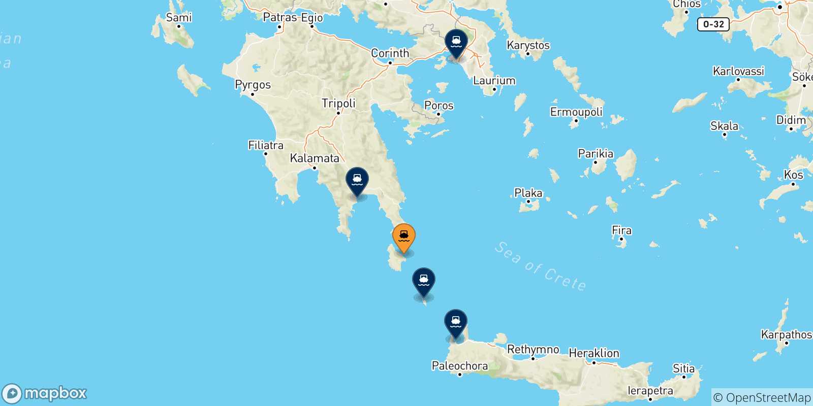 Mappa delle possibili rotte tra Kythira e la Grecia