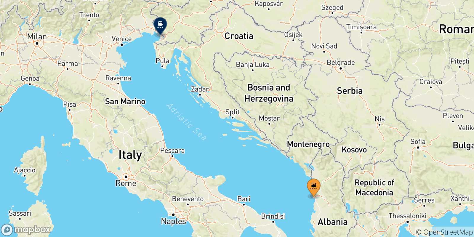 Mappa delle possibili rotte tra l'Albania e Trieste