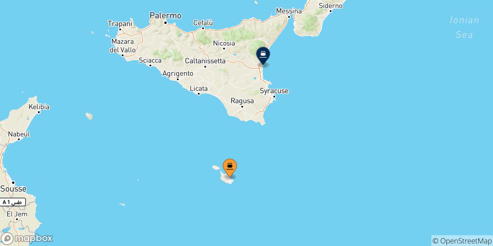 Mappa delle possibili rotte tra Malta e Catania