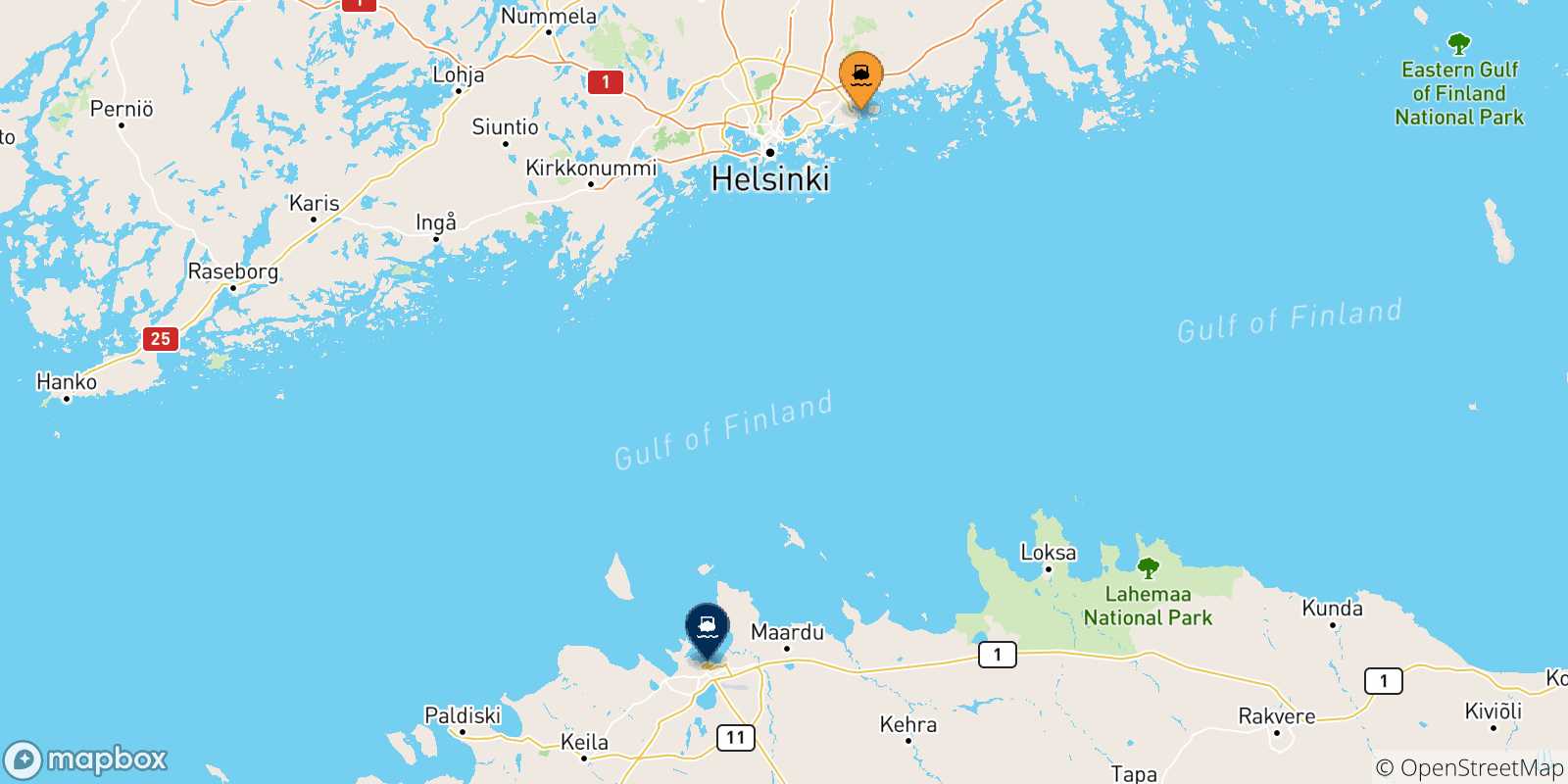 Mappa delle possibili rotte tra Helsinki e l'Estonia