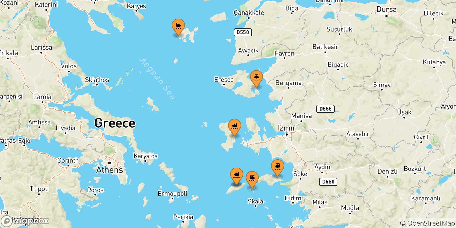 Mappa delle possibili rotte tra le Isole Egeo Nord Orientale e Karlovassi (Samos)