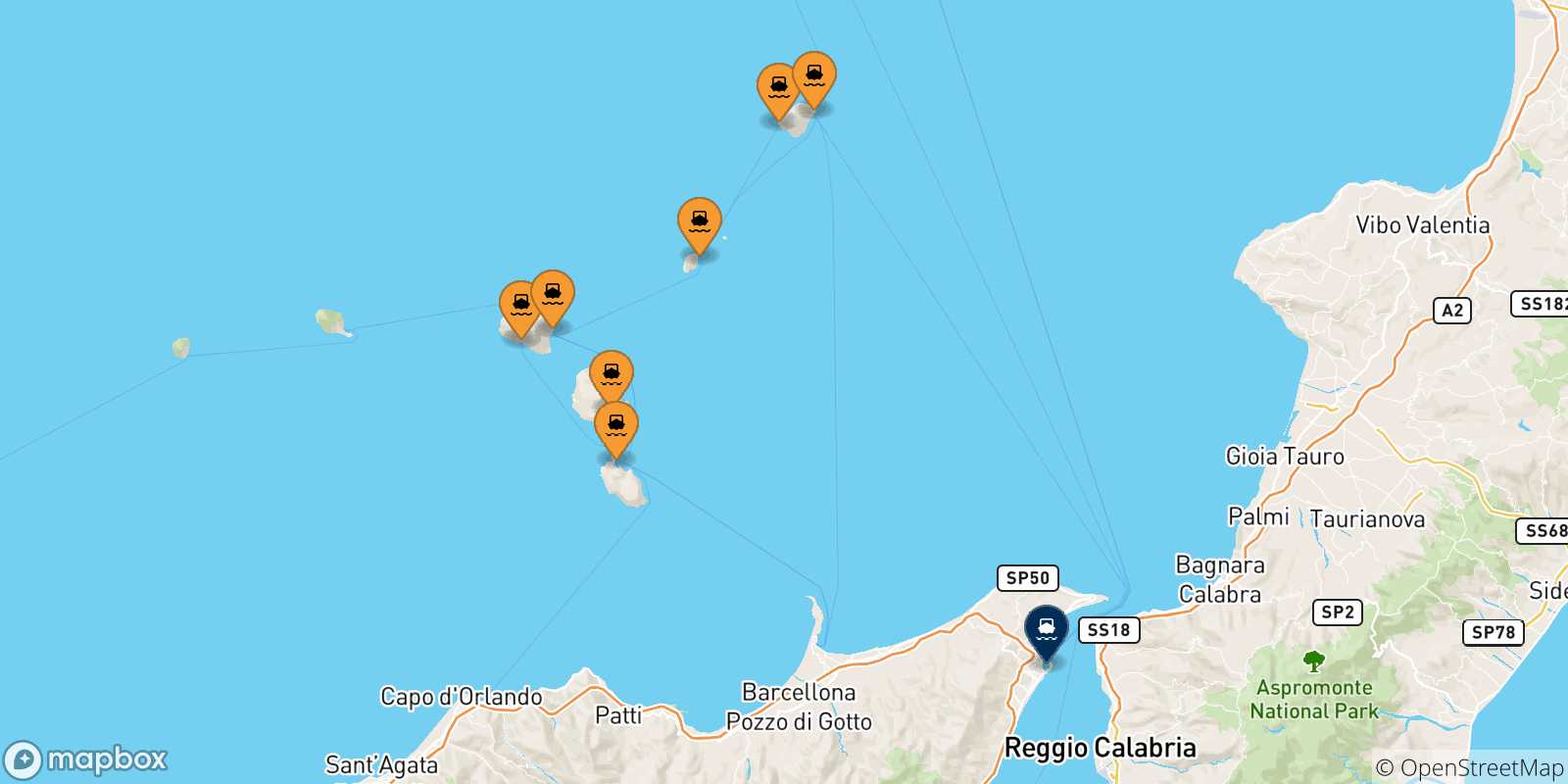 Mappa delle possibili rotte tra le Isole Eolie e Messina