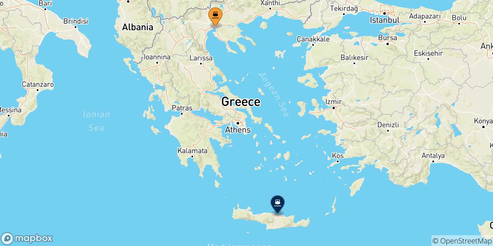 Mappa delle possibili rotte tra Salonicco e Creta
