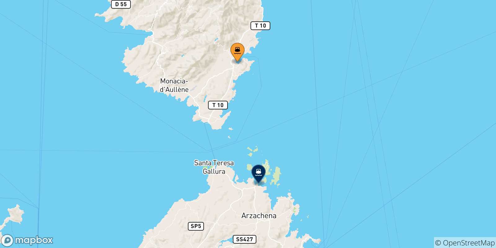 Mappa delle possibili rotte tra la Corsica e Golfo Aranci