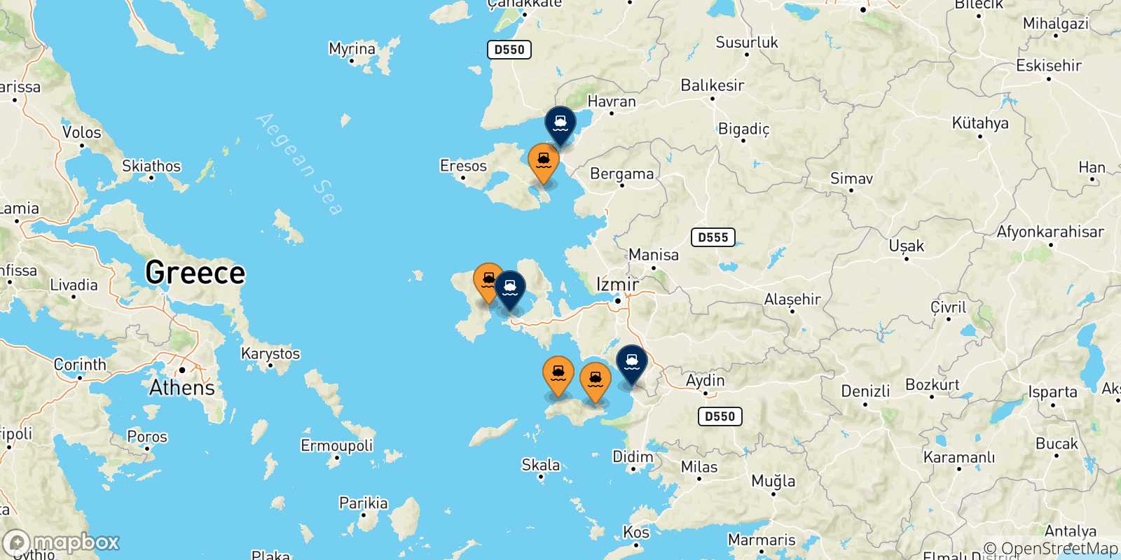 Mappa delle possibili rotte tra le Isole Egeo Nord Orientale e la Turchia