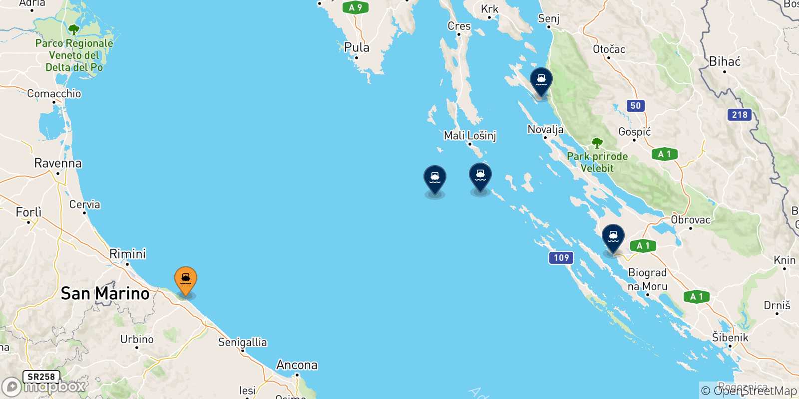 Mappa delle possibili rotte tra Pesaro e la Croazia