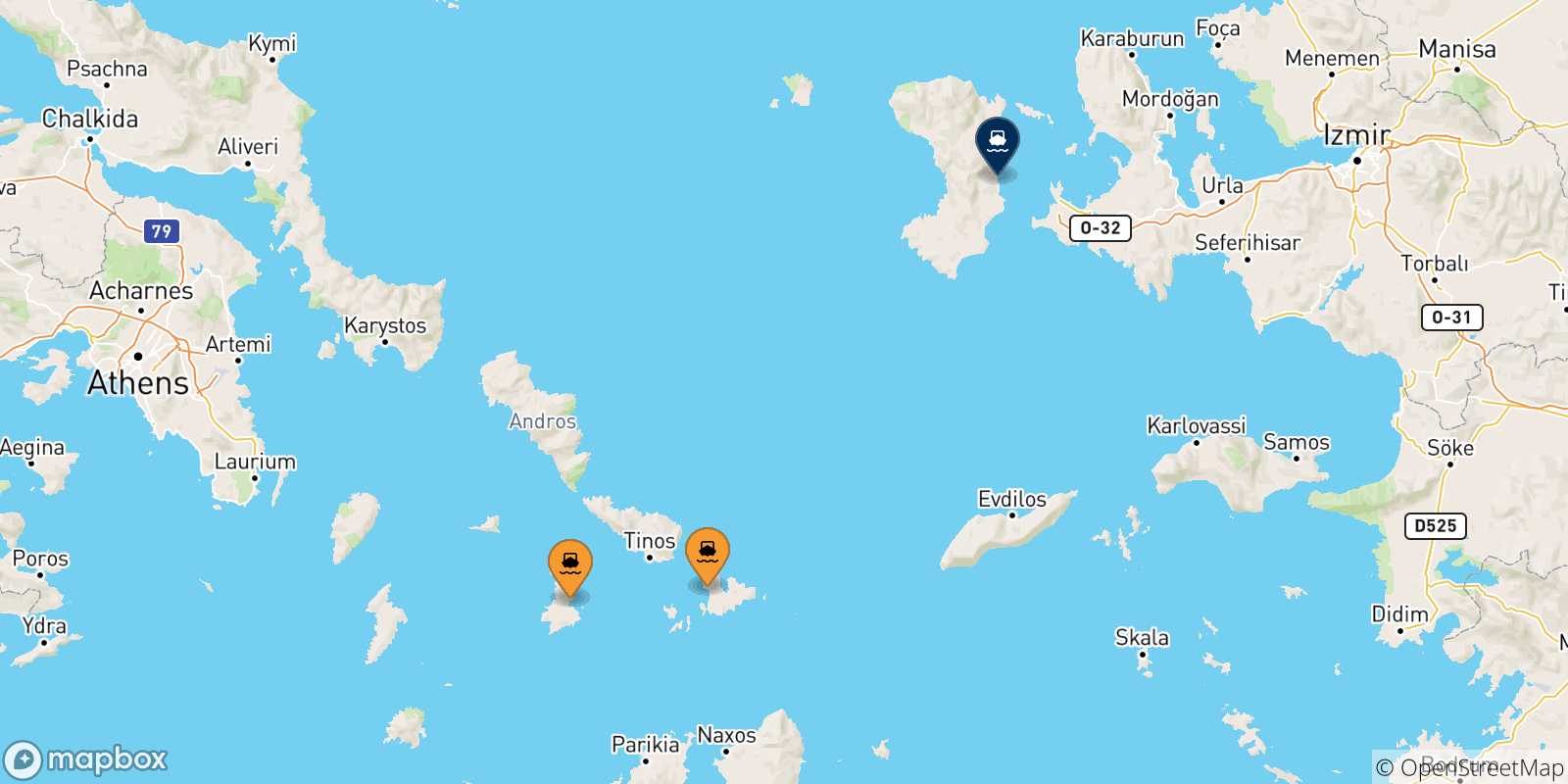 Mappa delle possibili rotte tra le Isole Cicladi e Chios