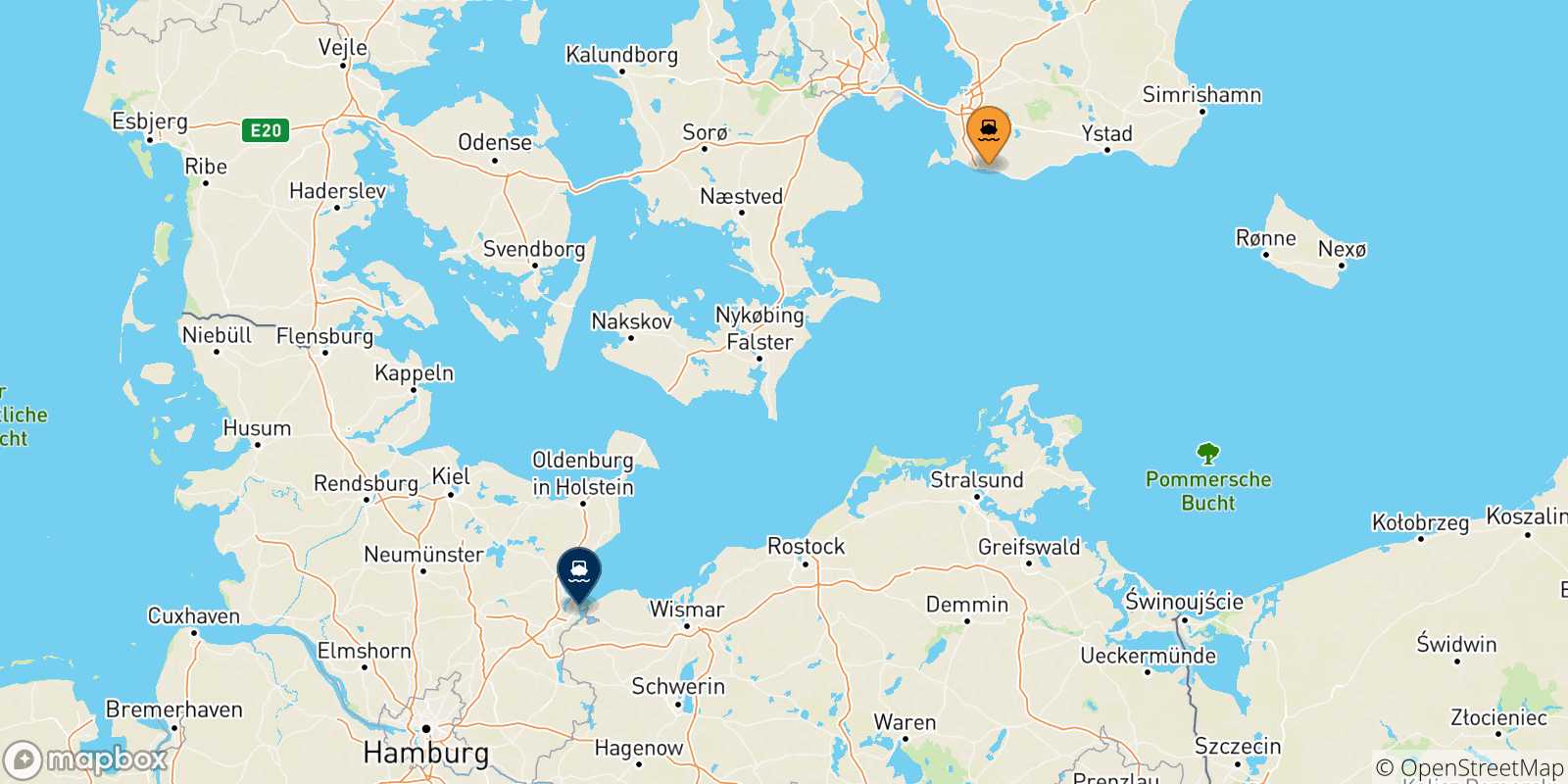 Mappa delle possibili rotte tra la Svezia e Travemünde