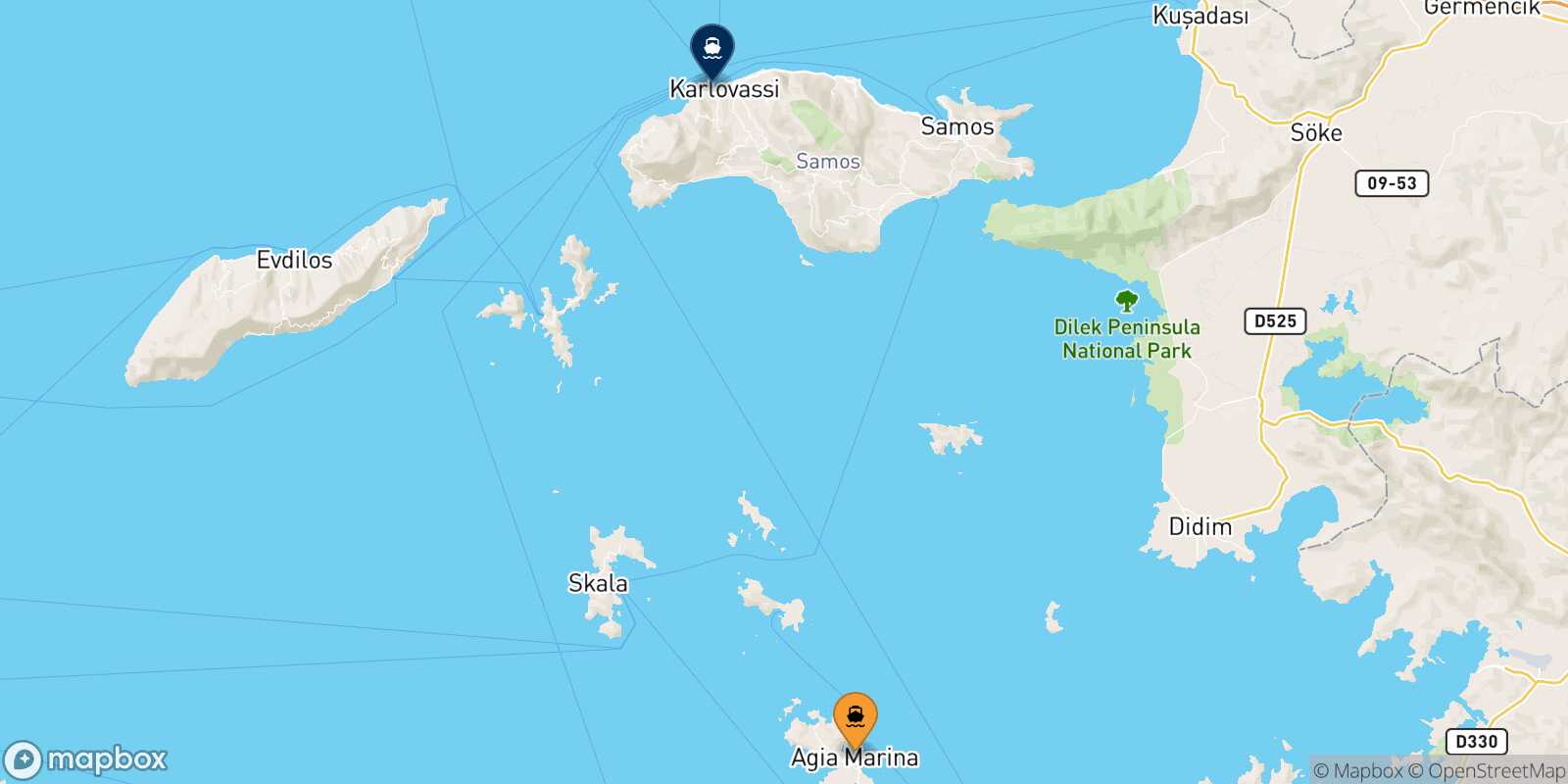 Mappa della rotta Leros Pythagorio (Samos)