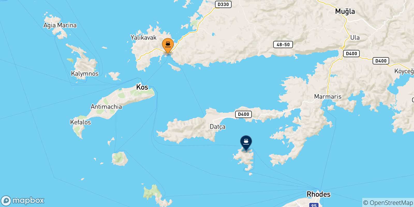 Mappa delle possibili rotte tra la Turchia e Symi