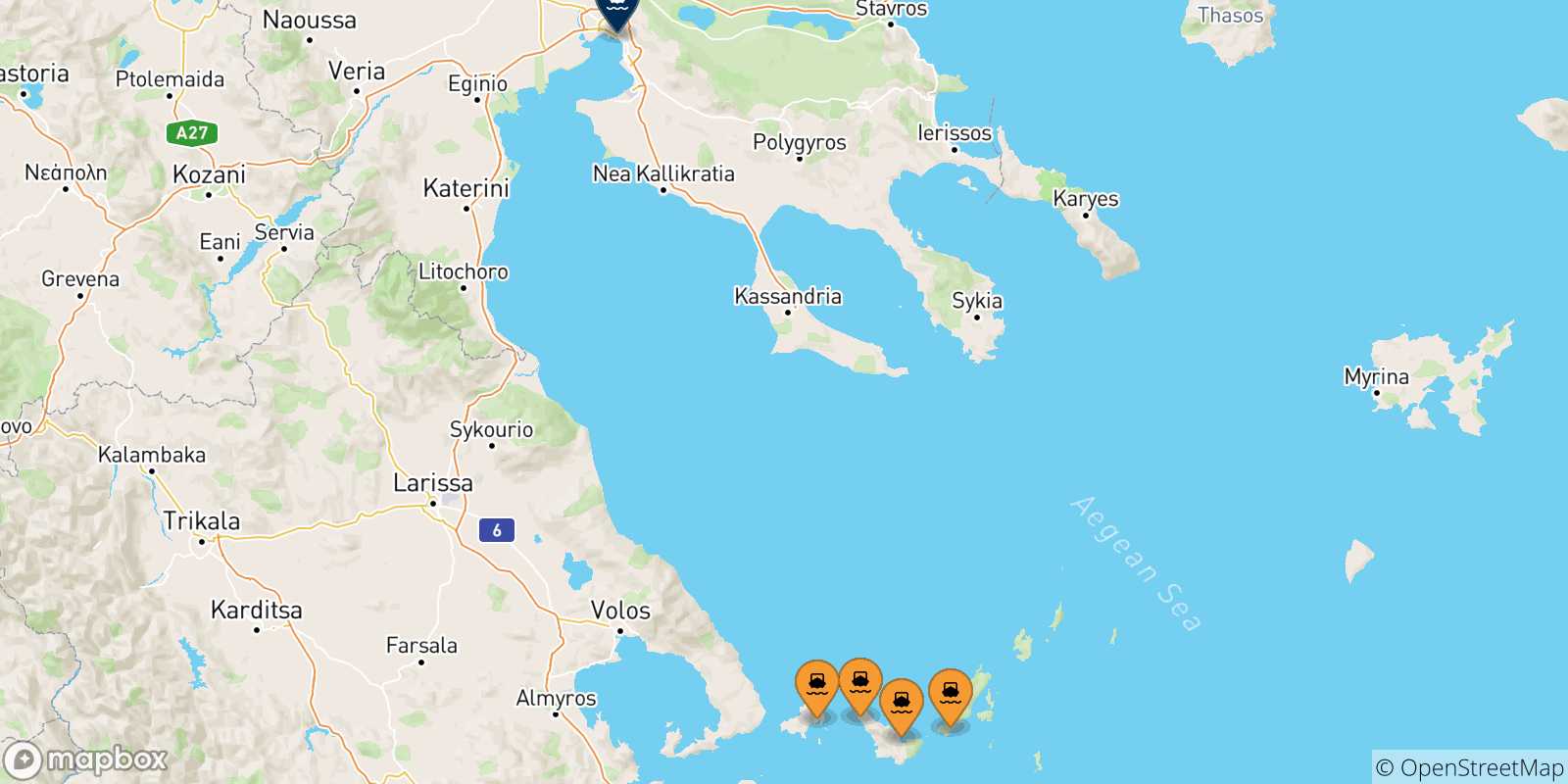 Mappa delle possibili rotte tra le Isole Sporadi e Salonicco