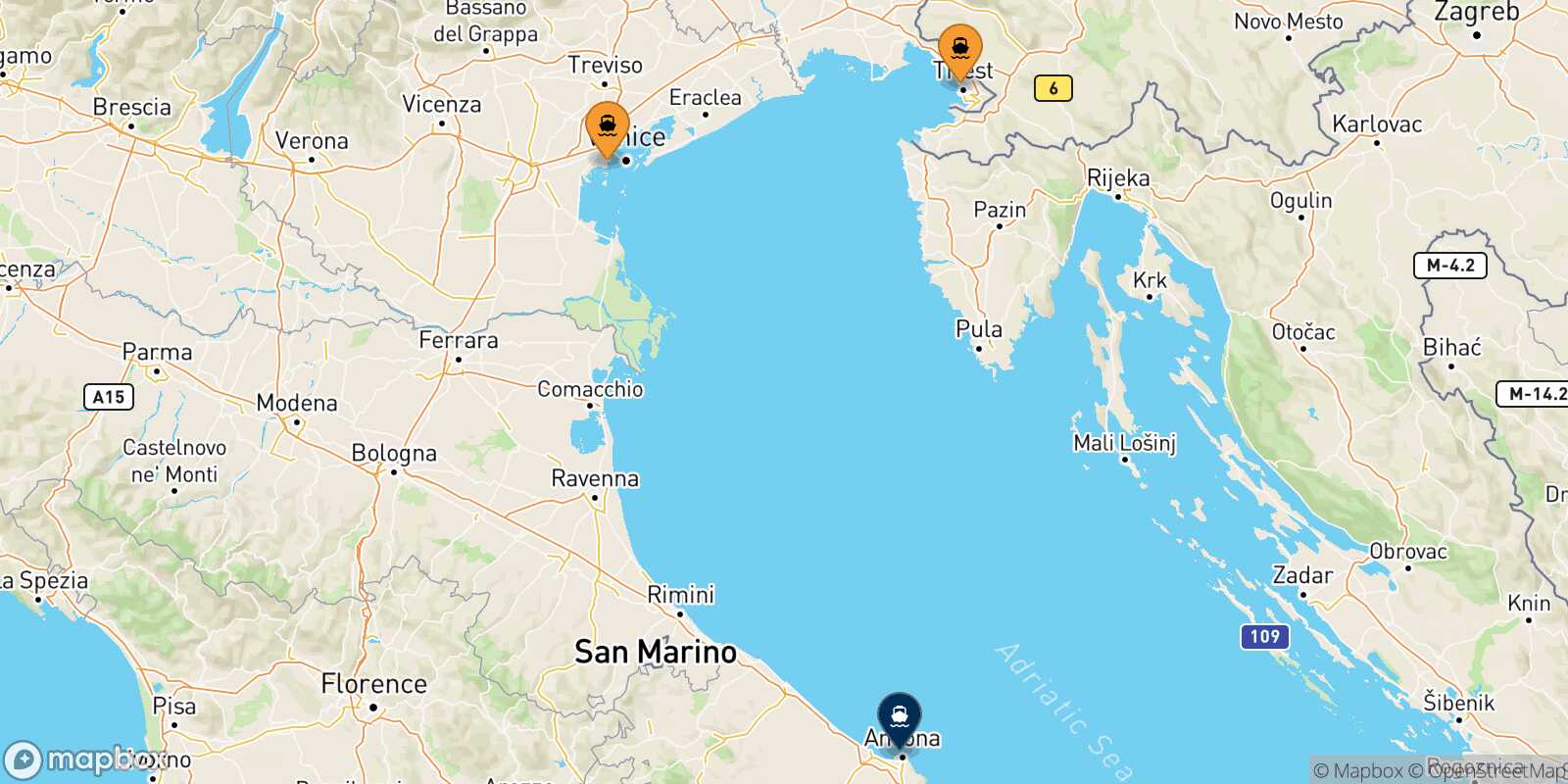 Mappa dei porti collegati con  Ancona