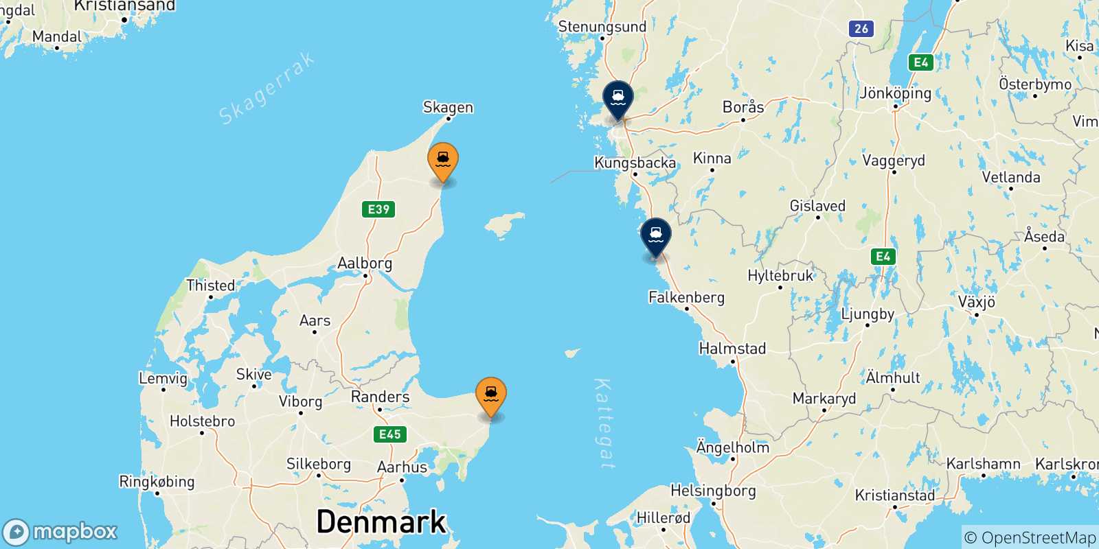 Mappa delle possibili rotte tra la Danimarca e la Svezia