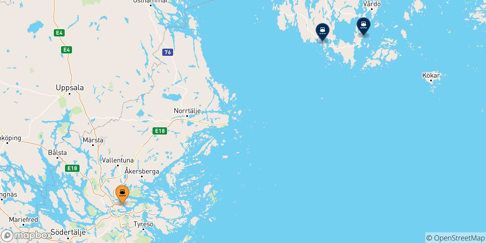 Mappa delle possibili rotte tra Stoccolma e le Isole Aland