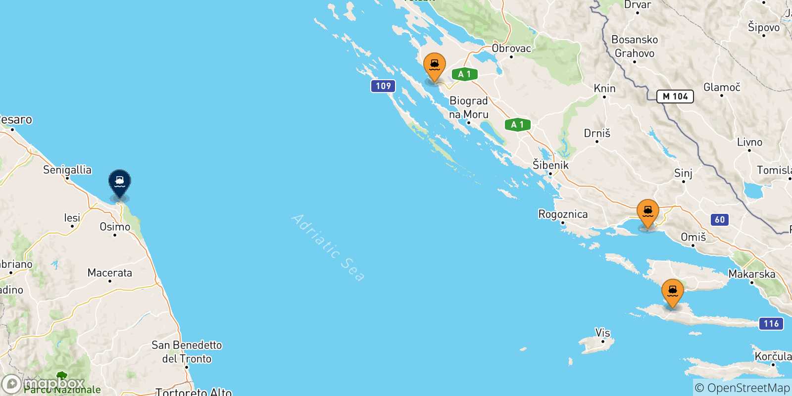 Mappa delle possibili rotte tra la Croazia e Ancona