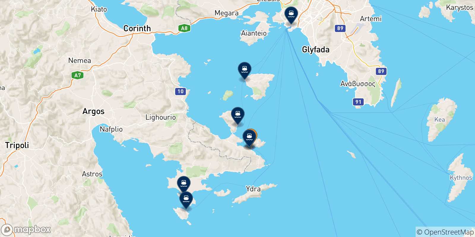 Mappa delle possibili rotte tra Poros e la Grecia