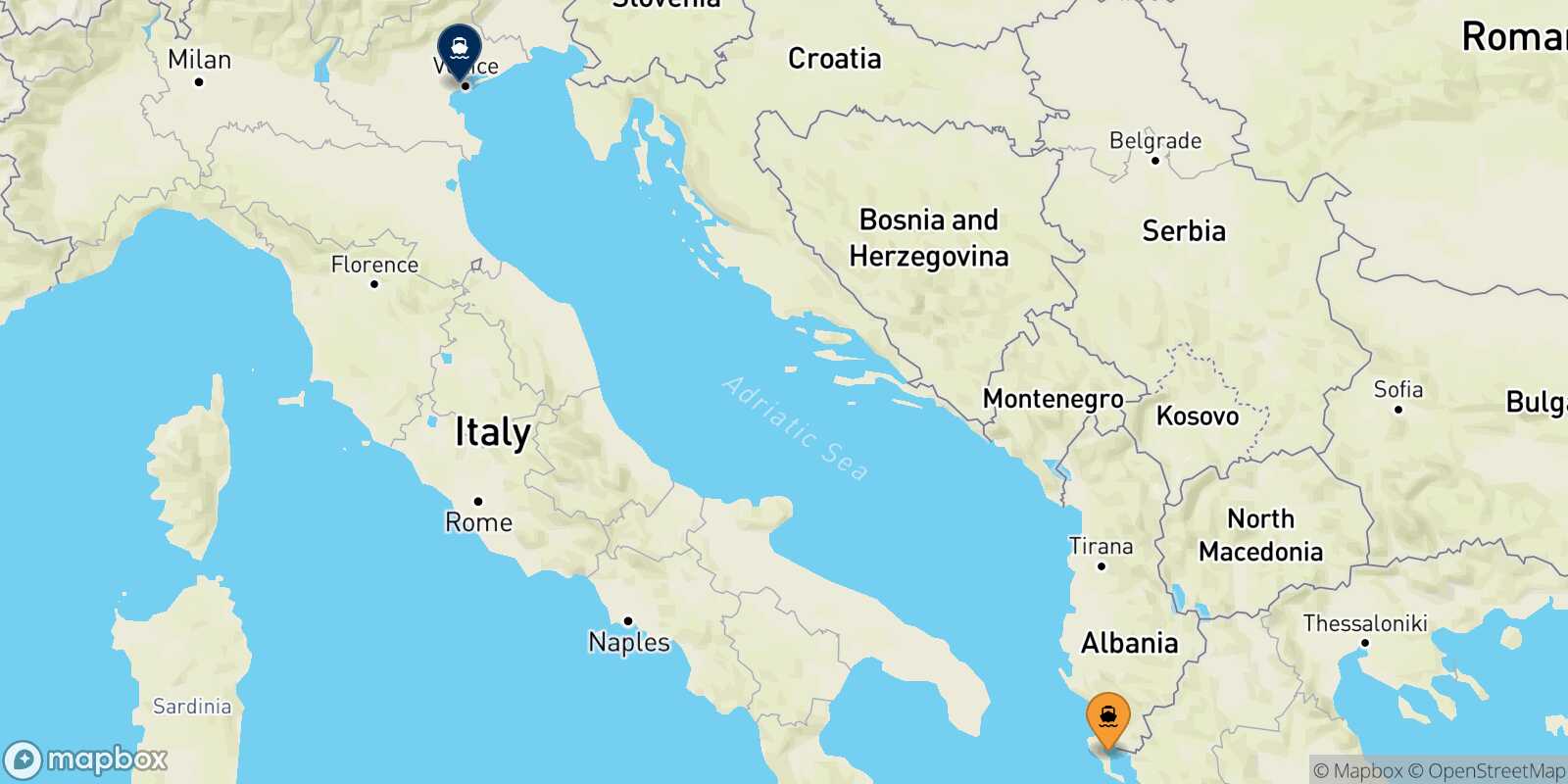 Mappa della rotta Corfu Venezia