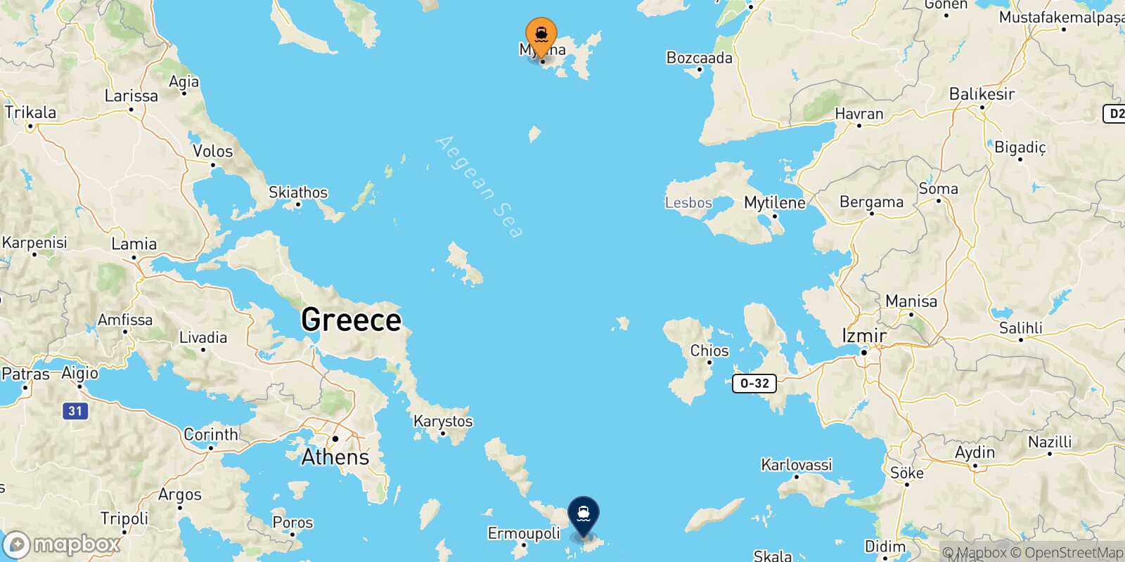 Mappa della rotta Mirina (Limnos) Mykonos
