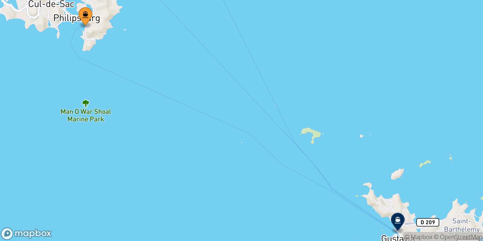 Mappa dei porti collegati con  Gustavia (St Barth)