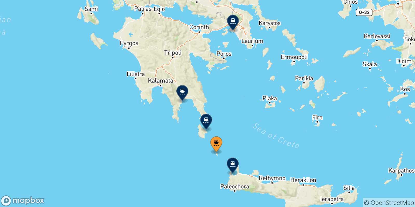 Mappa delle possibili rotte tra Antikythira e la Grecia