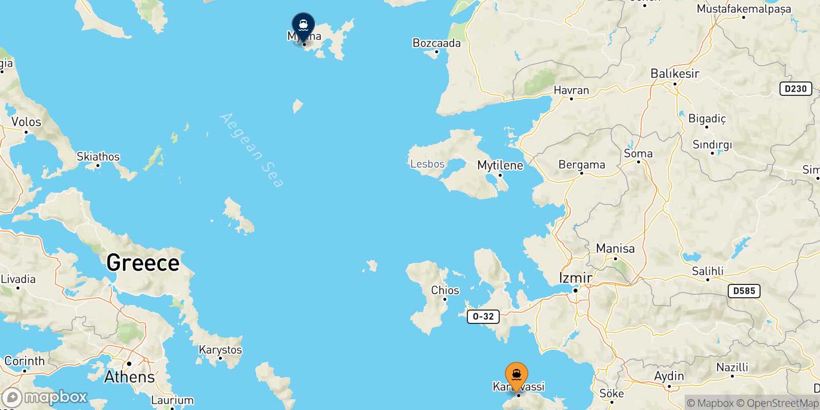 Mappa della rotta Karlovassi (Samos) Mirina (Limnos)