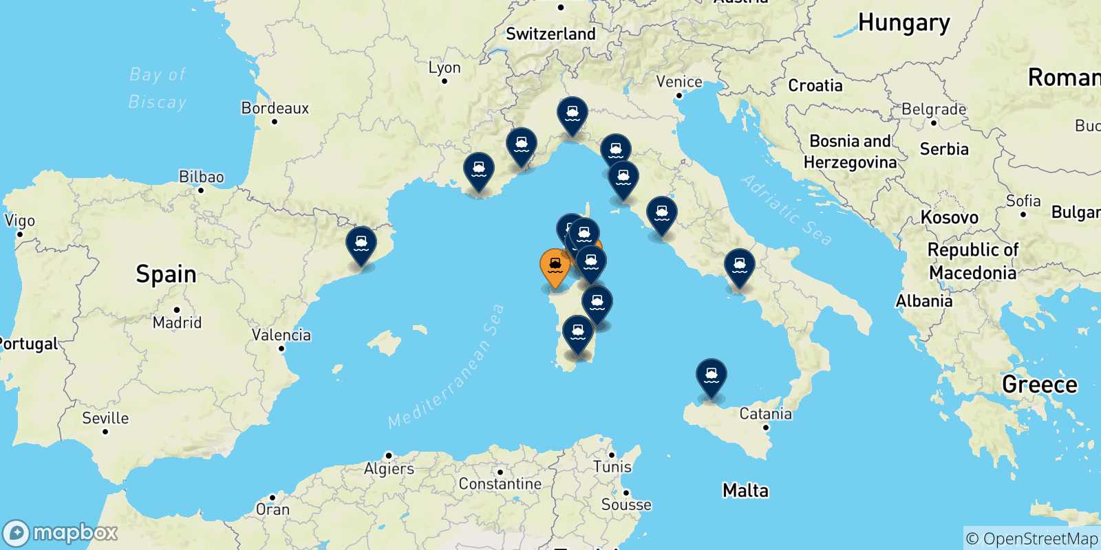 Mappa delle destinazioni raggiungibili dalla Sardegna