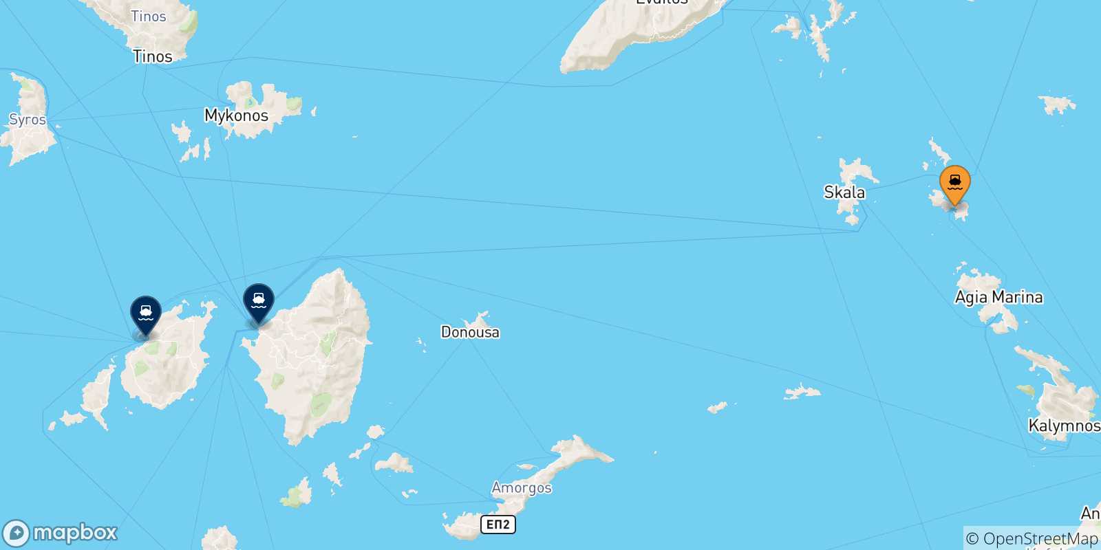 Mappa delle possibili rotte tra Lipsi e le Isole Cicladi