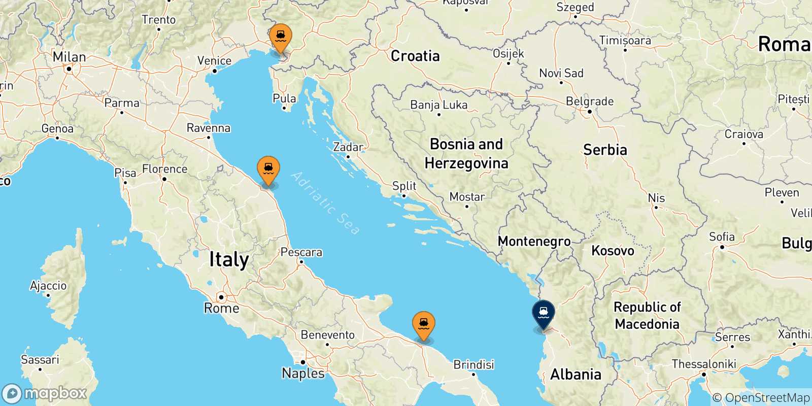 Mappa delle possibili rotte tra l'Italia e Durazzo