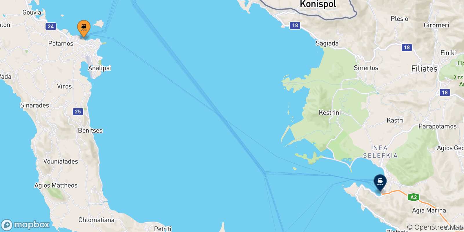 Mappa delle possibili rotte tra le Isole Ionie e Igoumenitsa