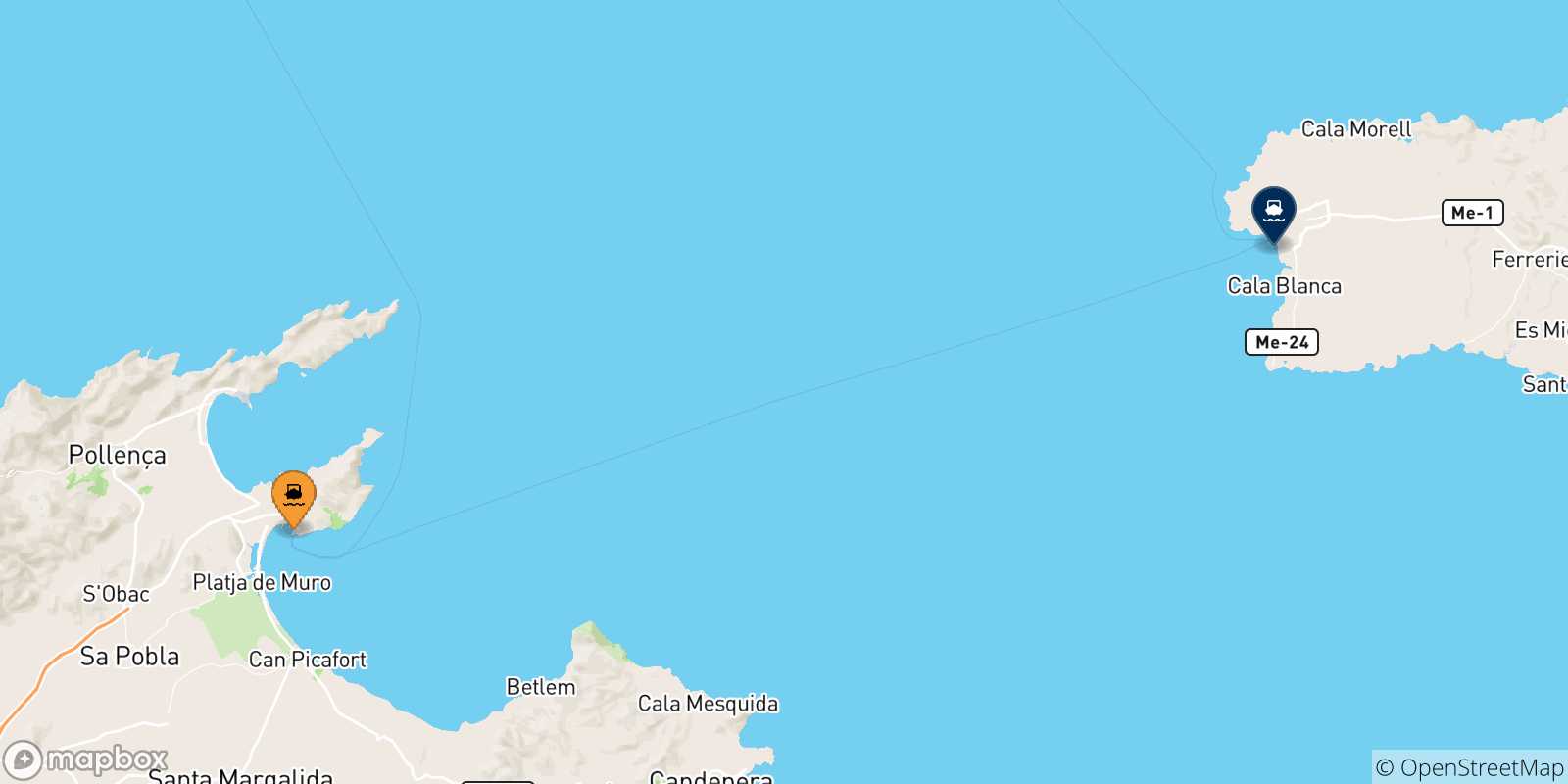 Mappa delle possibili rotte tra Alcudia (Maiorca) e le Isole Baleari