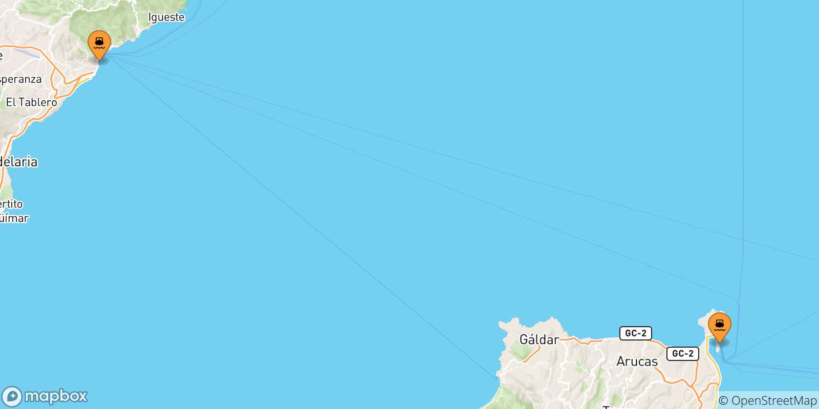 Mappa delle possibili rotte tra le Isole Canarie e Morro Jable (Fuerteventura)