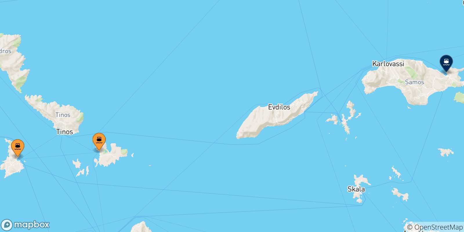 Mappa delle possibili rotte tra le Isole Cicladi e Vathi (Samos)